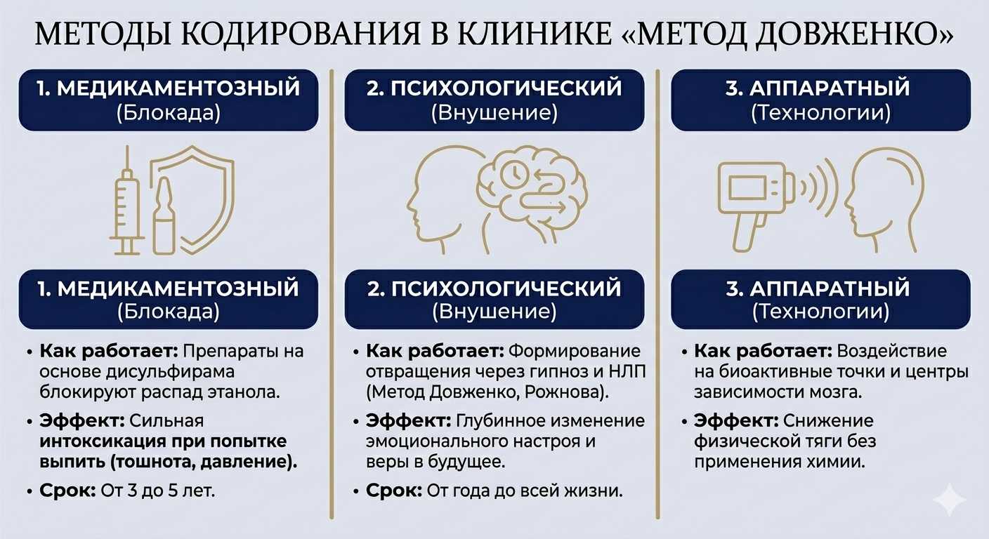 Сравнительная инфографика методов кодирования в клинике Довженко: медикаментозная блокада, психологическое внушение (гипноз) и аппаратные технологии.